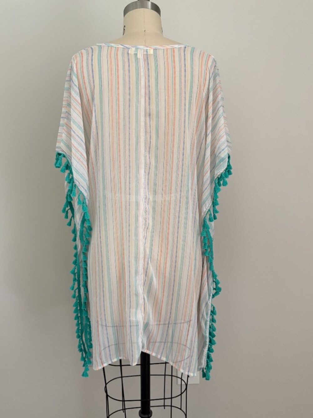Miken Swim Pastel Stripe Boho Tassel Kaftan Cover Up Poncho Resortwear Cottage M - Picture 3 of 7